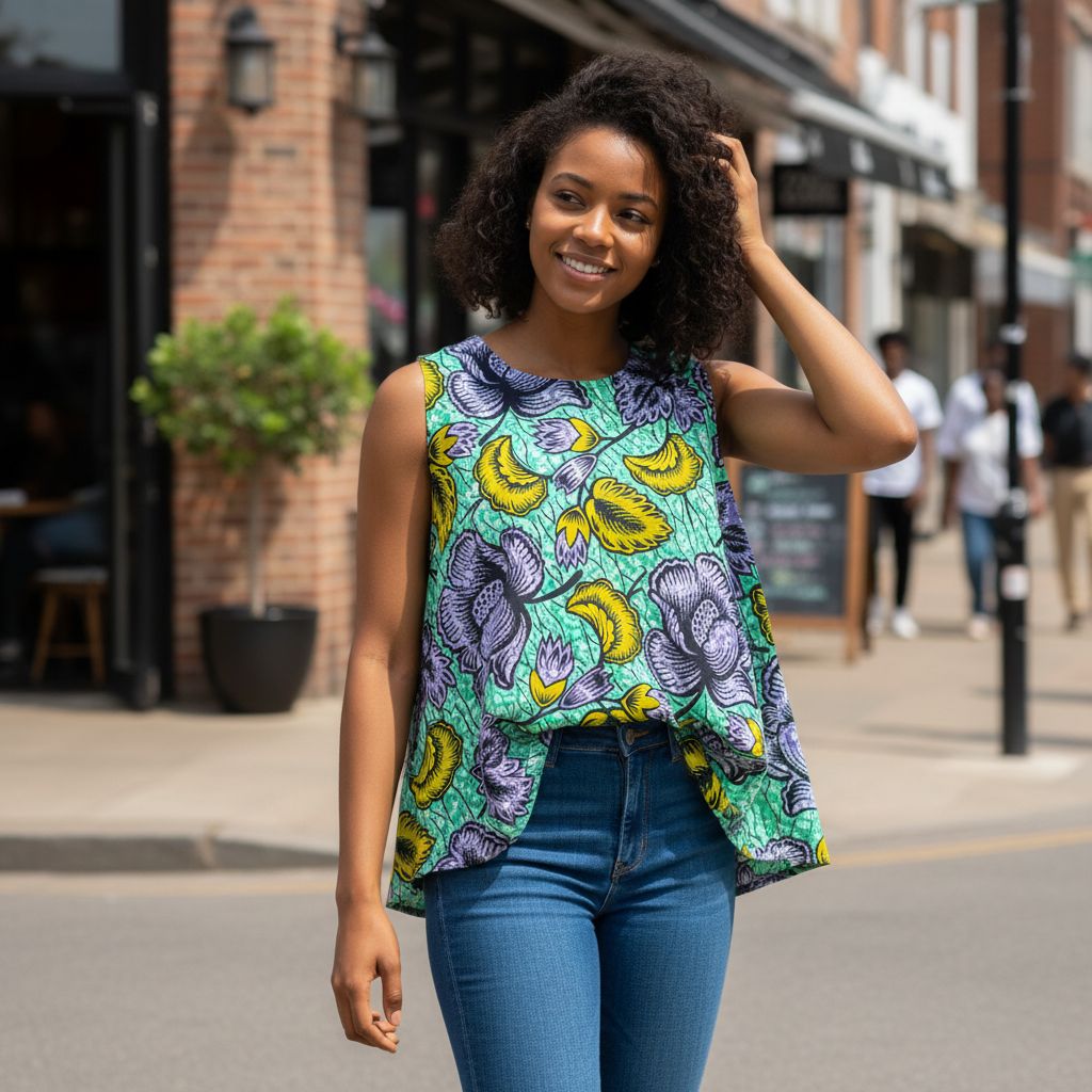 Blouse femme sans manches vert motifs, haut évasé floral chic été
