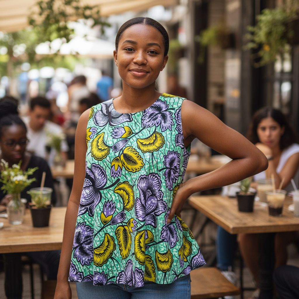 Blouse femme sans manches vert motifs, haut évasé floral chic été