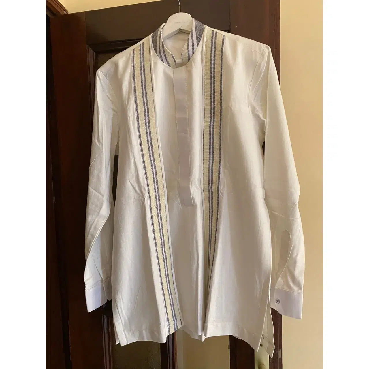 Chemise 2 en 1 homme blanche coton, tunique chic col mao cérémonie