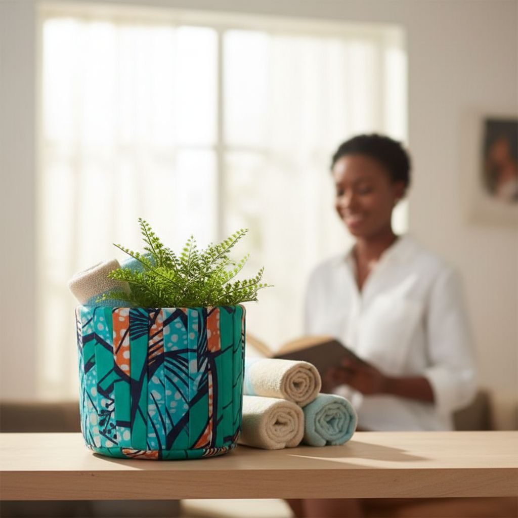 Boite de rangement en bleu tissu wax colorée