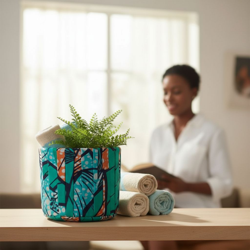 Boite de rangement en bleu tissu wax colorée