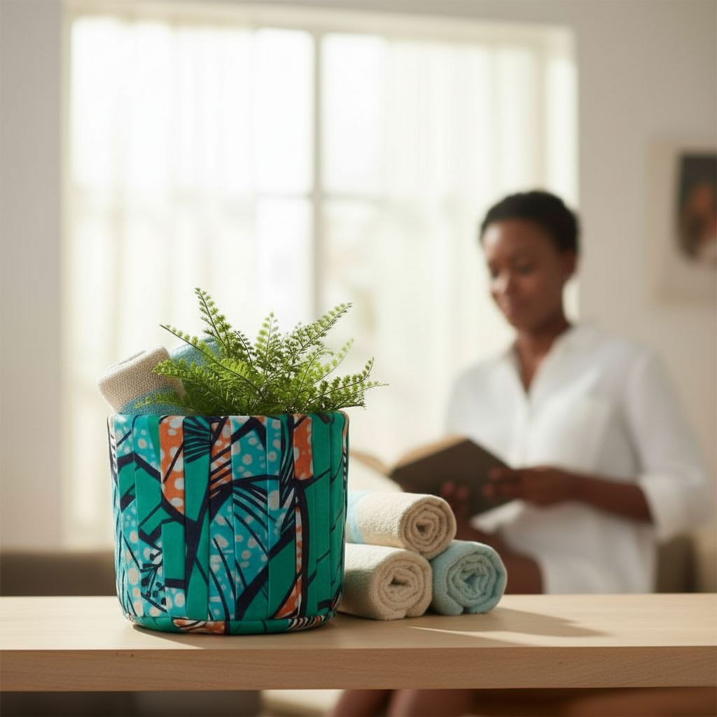 Boite de rangement en bleu tissu wax colorée