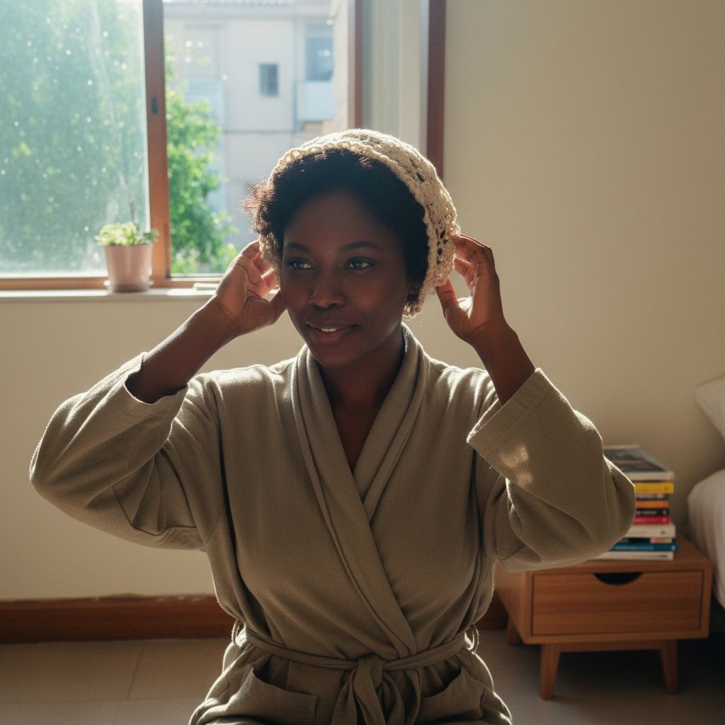 Bonnet de nuit vintage beige bohème chic en coton crocheté fait main