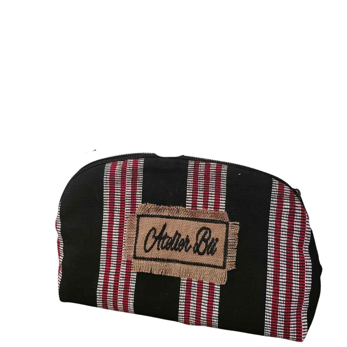 Trousse rayée artisanale en tissu chic noir rouge blanc – Élégance et originalité