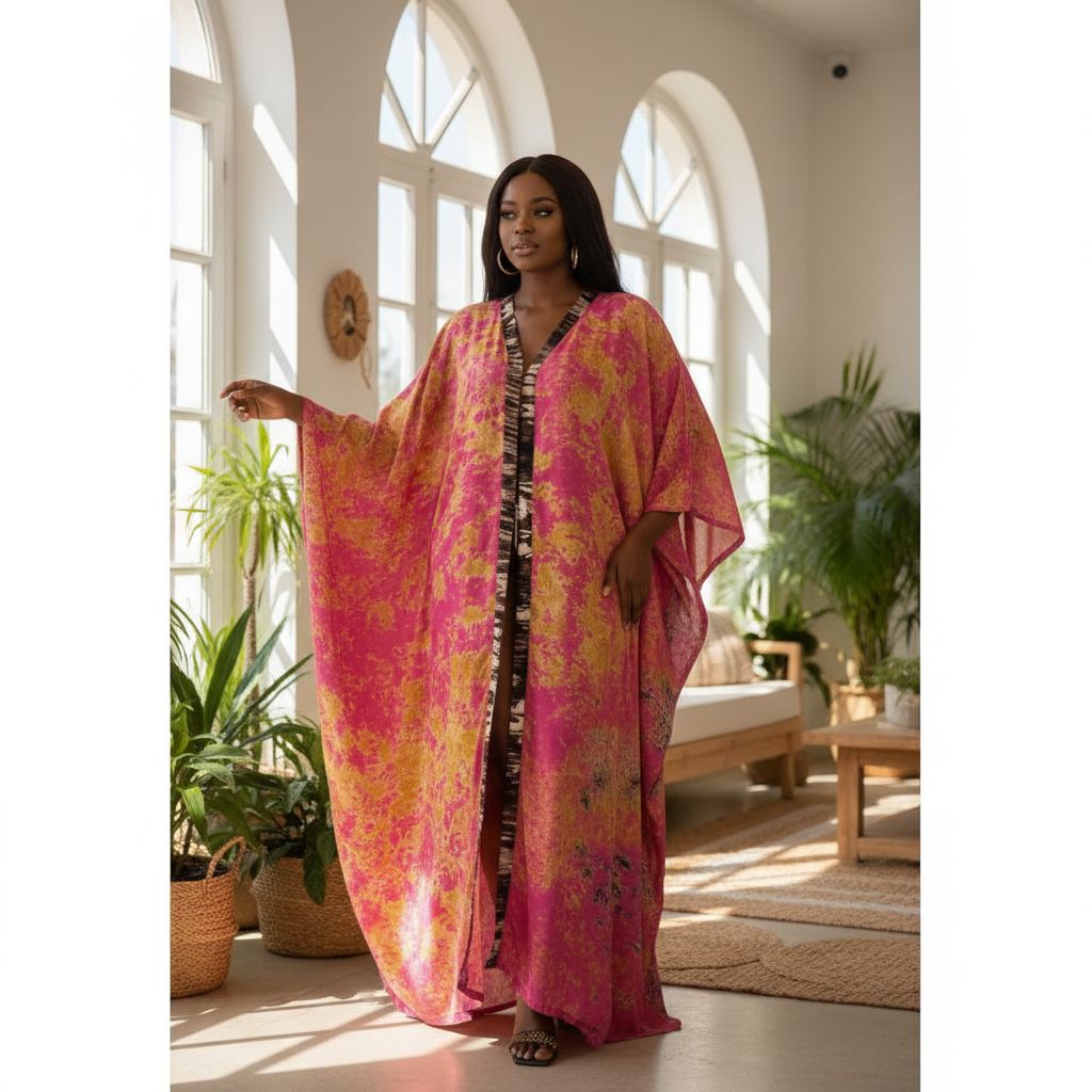 Boubou abaya coton batik rose fuchsia, robe longue fluide grande taille