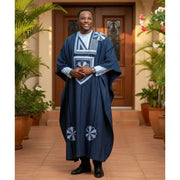 COLLECTION HYVER/Boubou africain homme bleu marine brodé – Ensemble chemise et pantalon chic