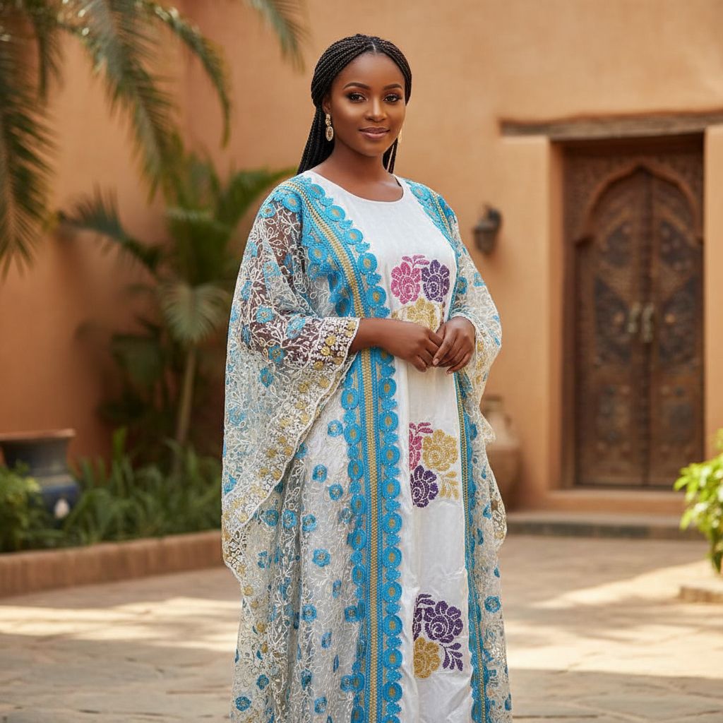 Boubou blanc femme brodé bleu turquoise, robe élégante de mariage ethnique