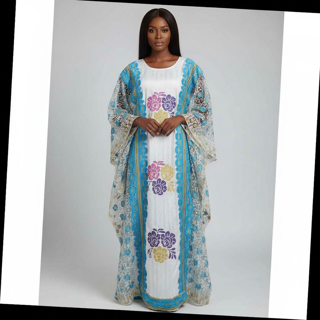 Boubou blanc femme brodé bleu turquoise, robe élégante de mariage ethnique
