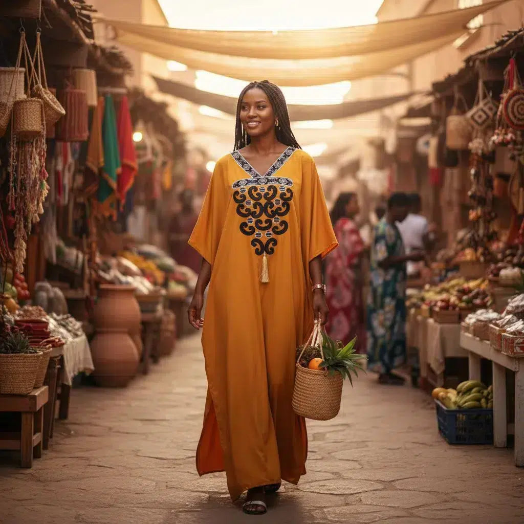Boubou Long Éthnique Mustard Brodé - Élégance Artisanale