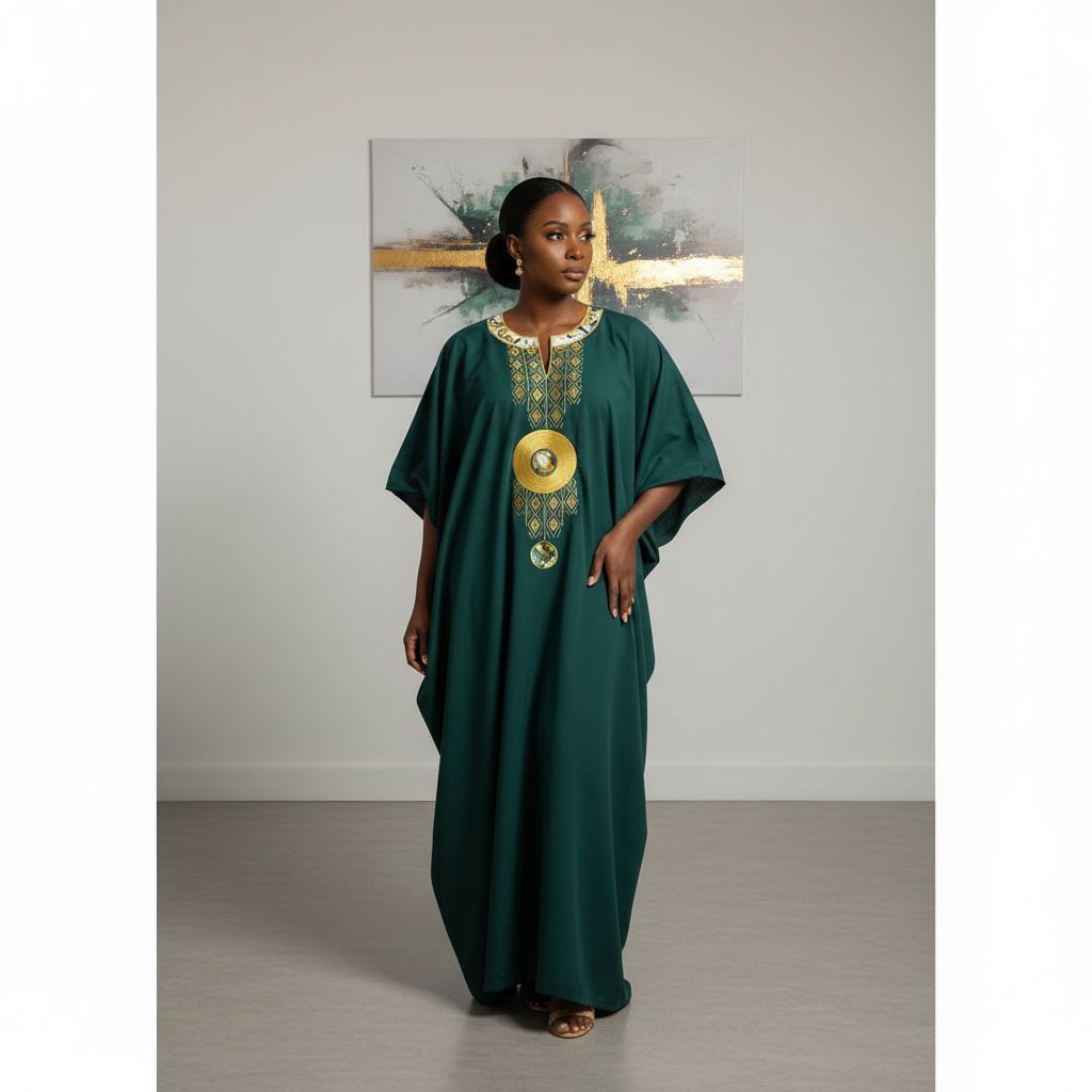 Robe Boubou Chanel Femme Vert Doré - Élégance Ethnique Prestige