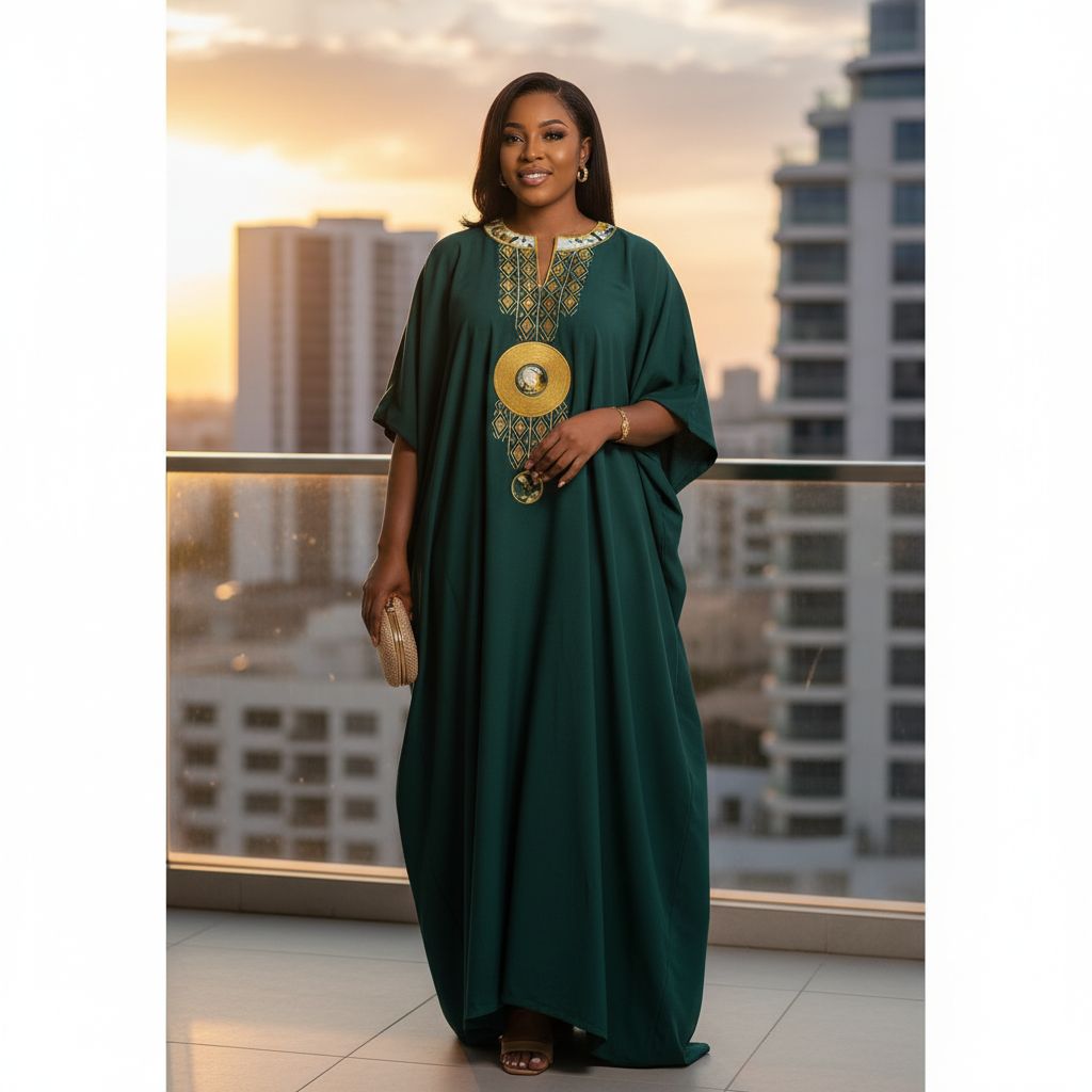 Robe Boubou Chanel Femme Vert Doré - Élégance Ethnique Prestige