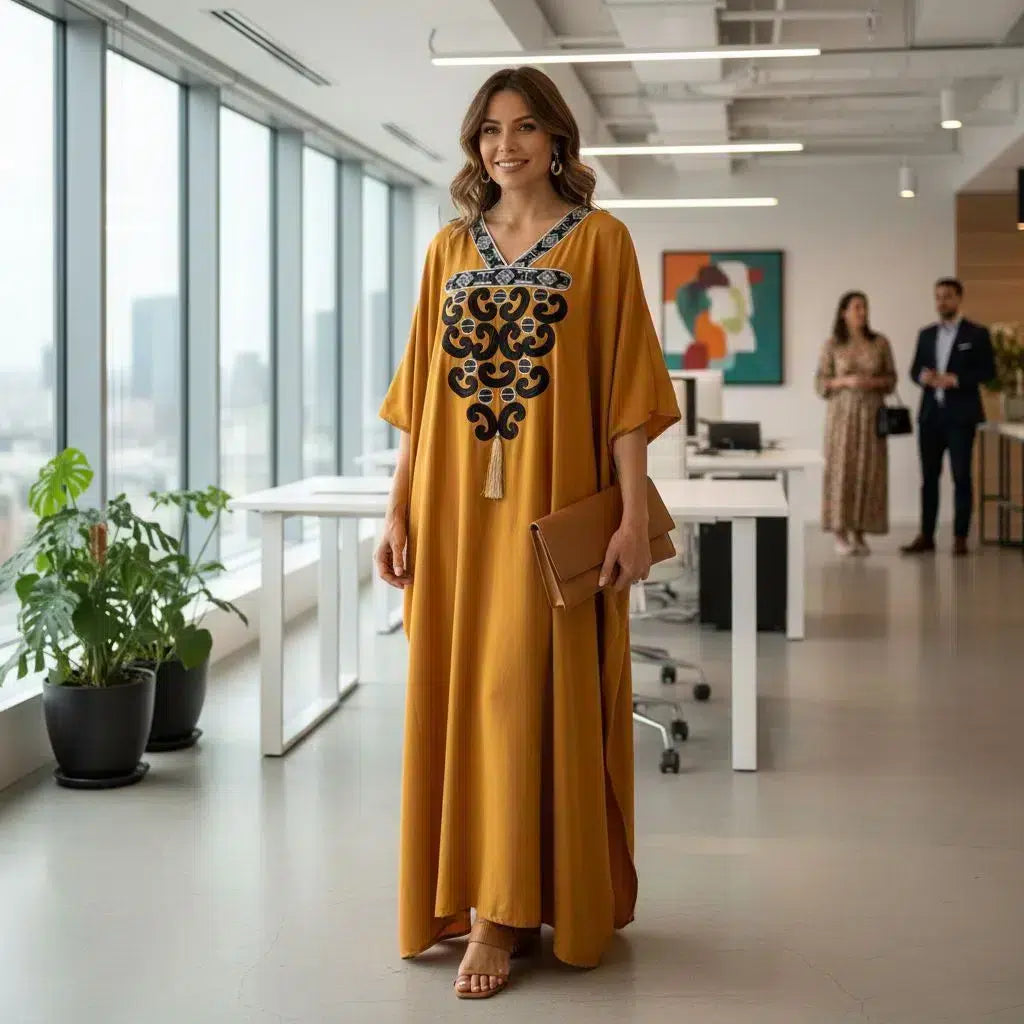 Boubou Long Éthnique Mustard Brodé - Élégance Artisanale
