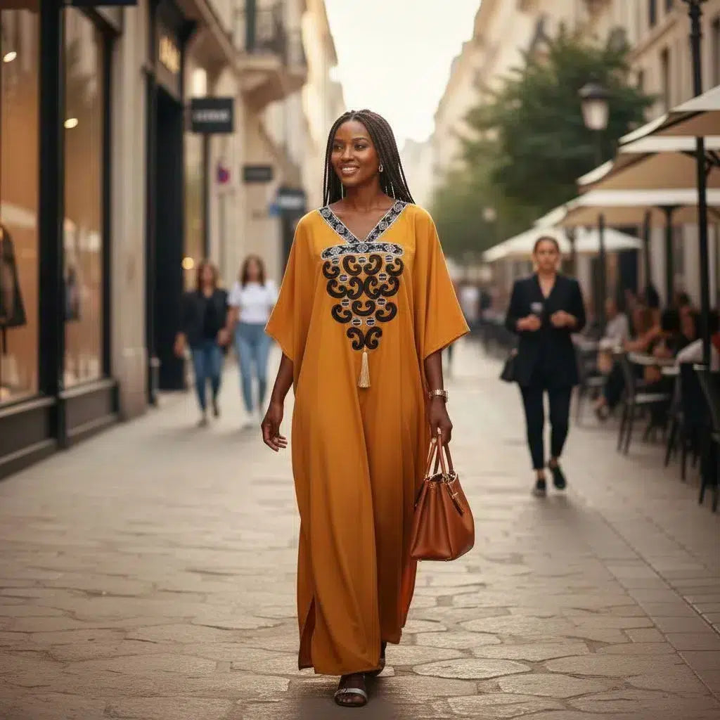 Boubou Long Éthnique Mustard Brodé - Élégance Artisanale