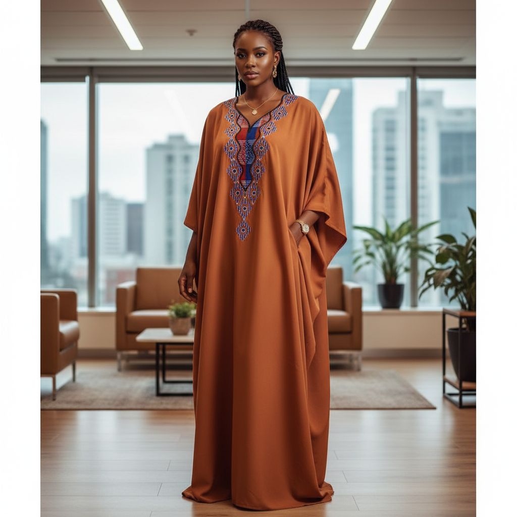 Robe Longue Éthnique Chic - Boubou Chanel Terracotta Brodé Main