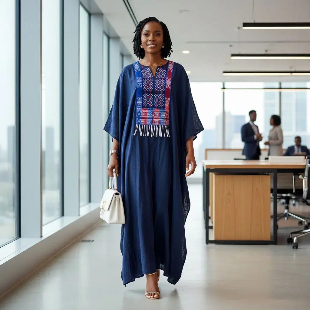 Robe Boubou Chanel Femme en Pagne Tissé Bleu Marine - Élégance Ethnique et Confort
