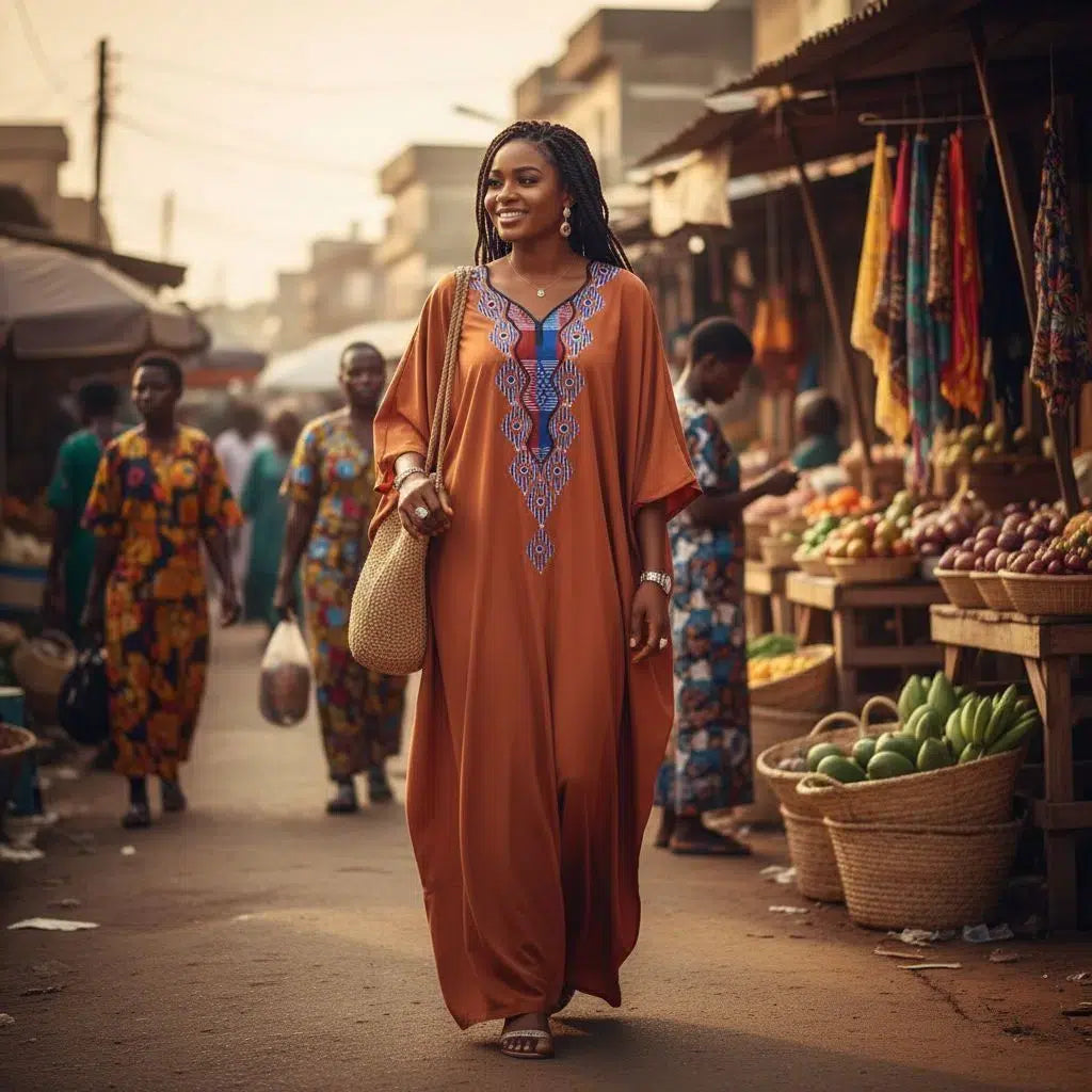 Robe Longue Éthnique Chic - Boubou Chanel Terracotta Brodé Main