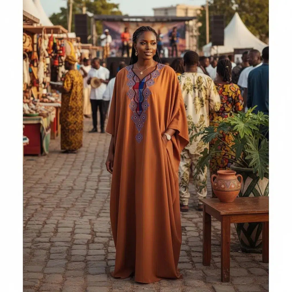 Robe Longue Éthnique Chic - Boubou Chanel Terracotta Brodé Main