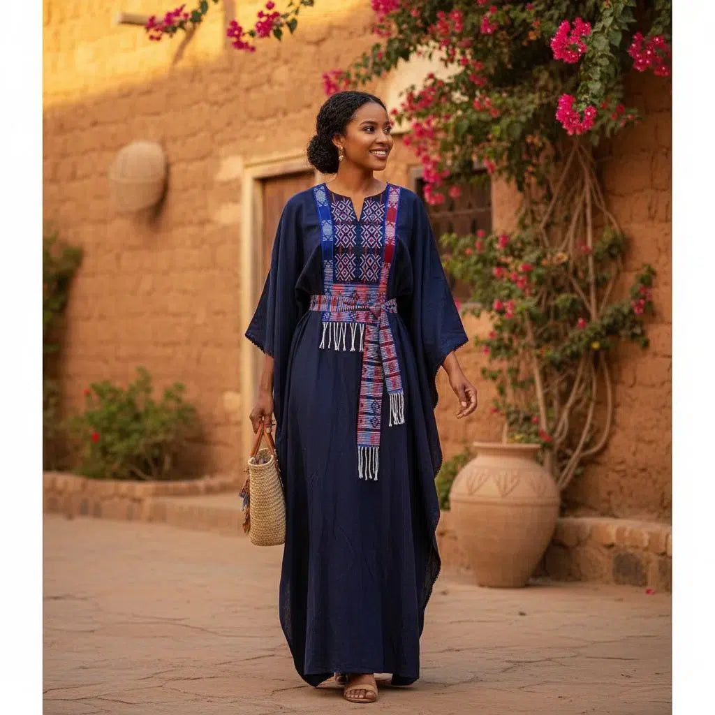 Robe Boubou Chanel Femme en Pagne Tissé Bleu Marine - Élégance Ethnique et Confort