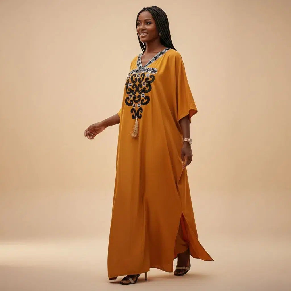 Boubou Long Éthnique Mustard Brodé - Élégance Artisanale