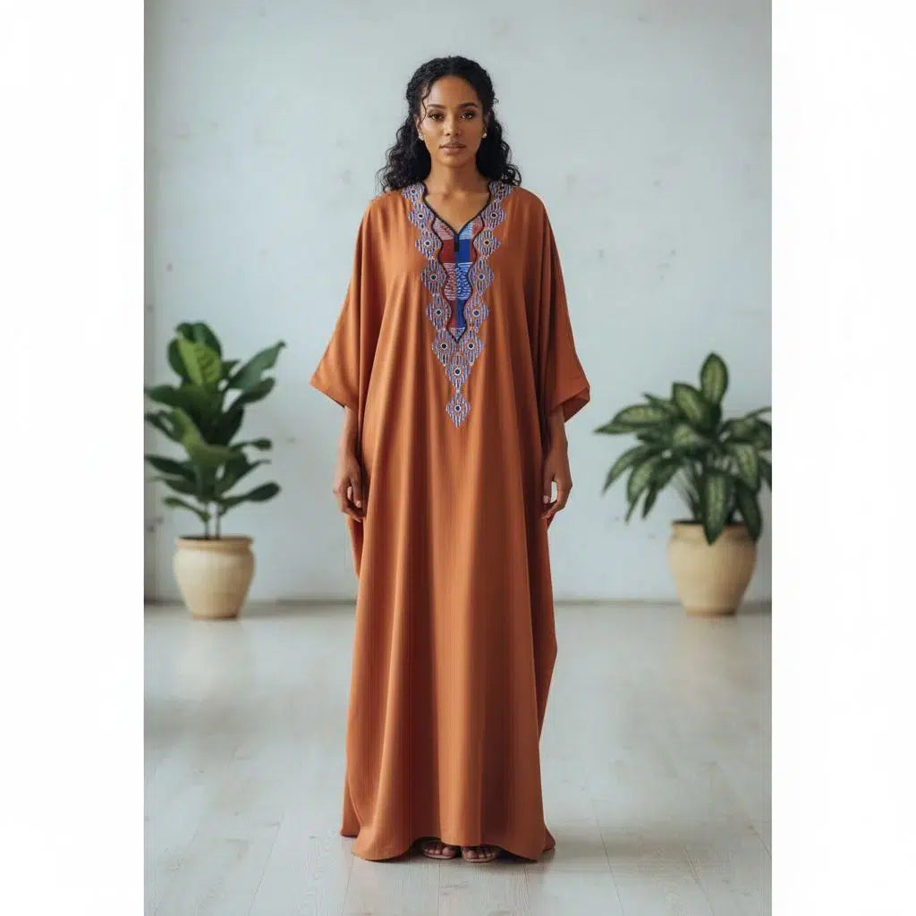 Robe Longue Éthnique Chic - Boubou Chanel Terracotta Brodé Main