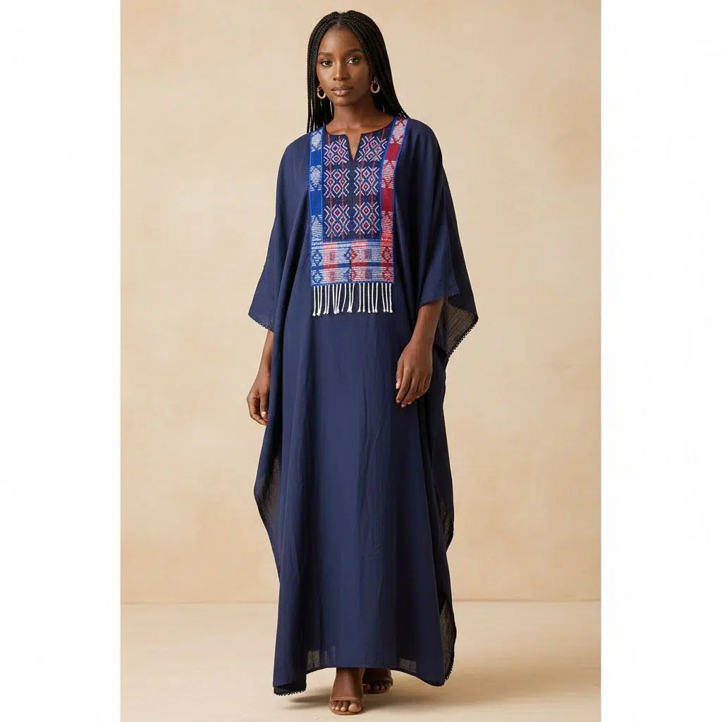 Robe Boubou Chanel Femme en Pagne Tissé Bleu Marine - Élégance Ethnique et Confort