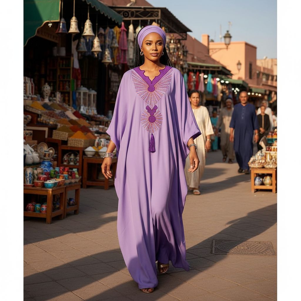 Boubou femme violet coton artisanal brodé – Robe africaine chic ample