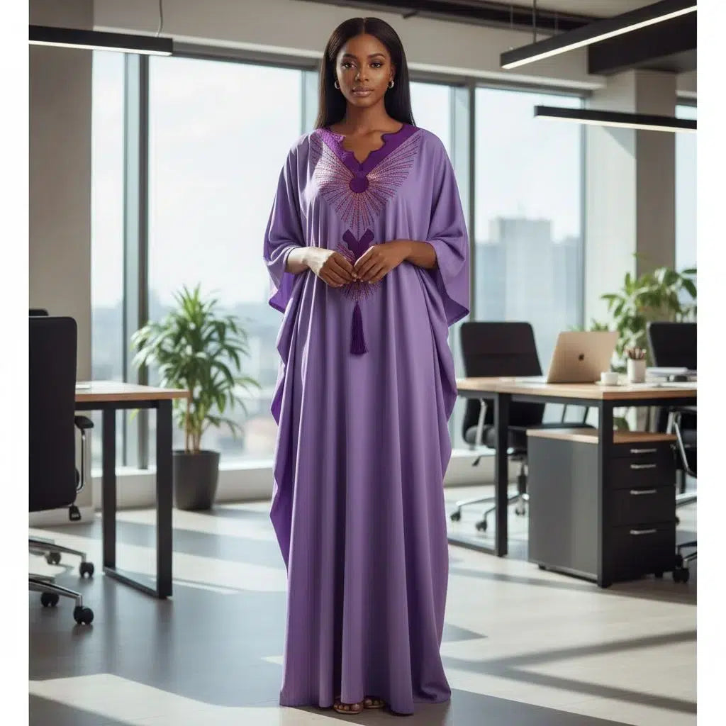 Boubou femme violet coton artisanal brodé – Robe africaine chic ample