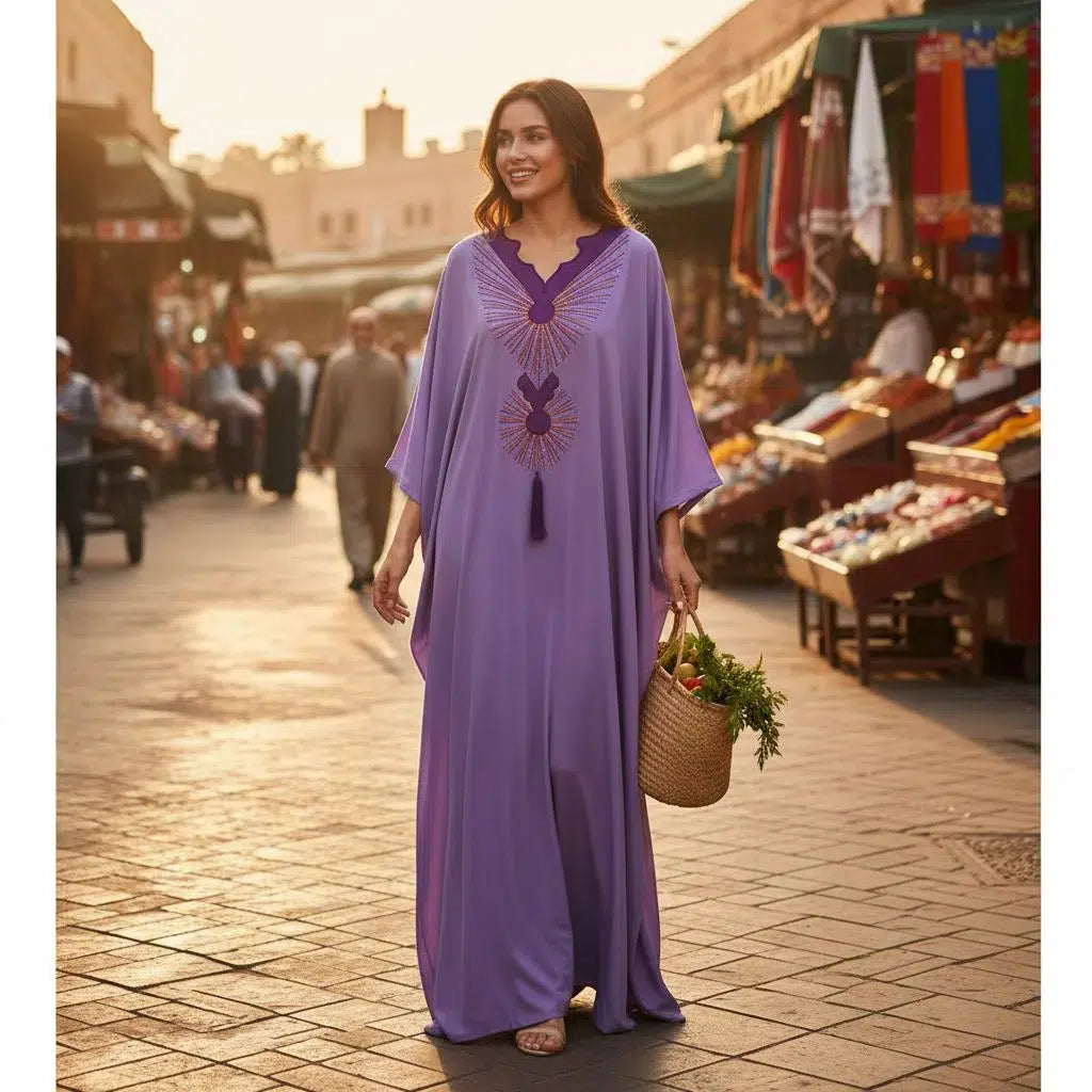 Boubou femme violet coton artisanal brodé – Robe africaine chic ample