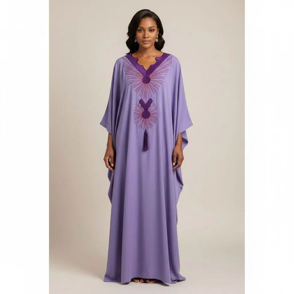 Boubou femme violet coton artisanal brodé – Robe africaine chic ample