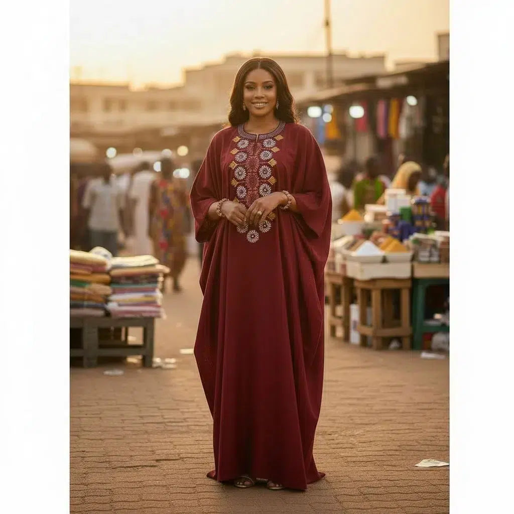 Boubou coton rouge femme – Tunique longue broderie chic cérémonie élégante