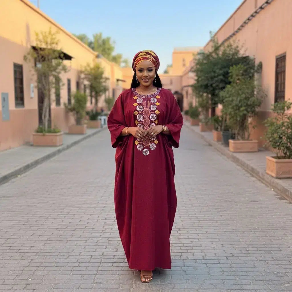Boubou coton rouge femme – Tunique longue broderie chic cérémonie élégante