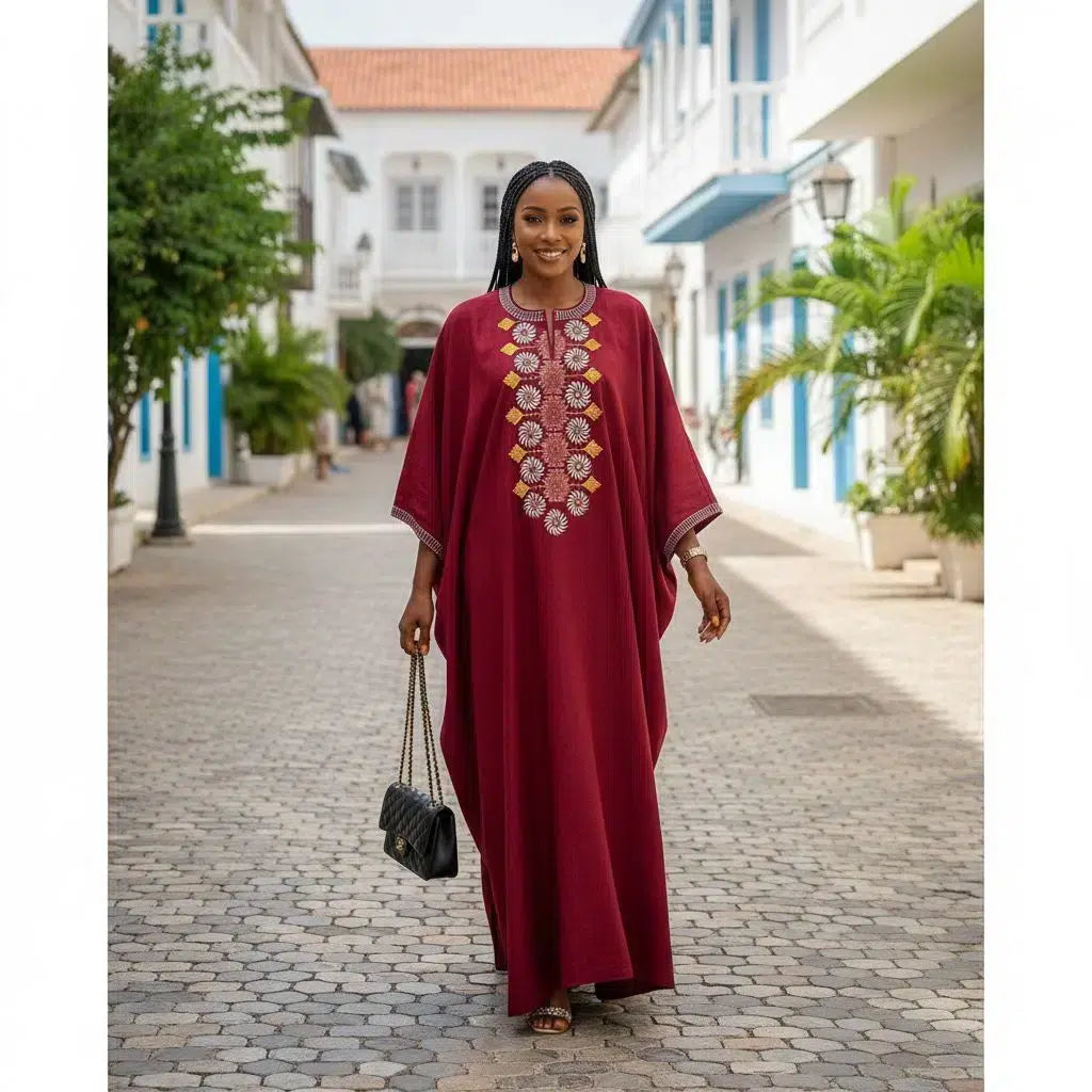 Boubou coton rouge femme – Tunique longue broderie chic cérémonie élégante