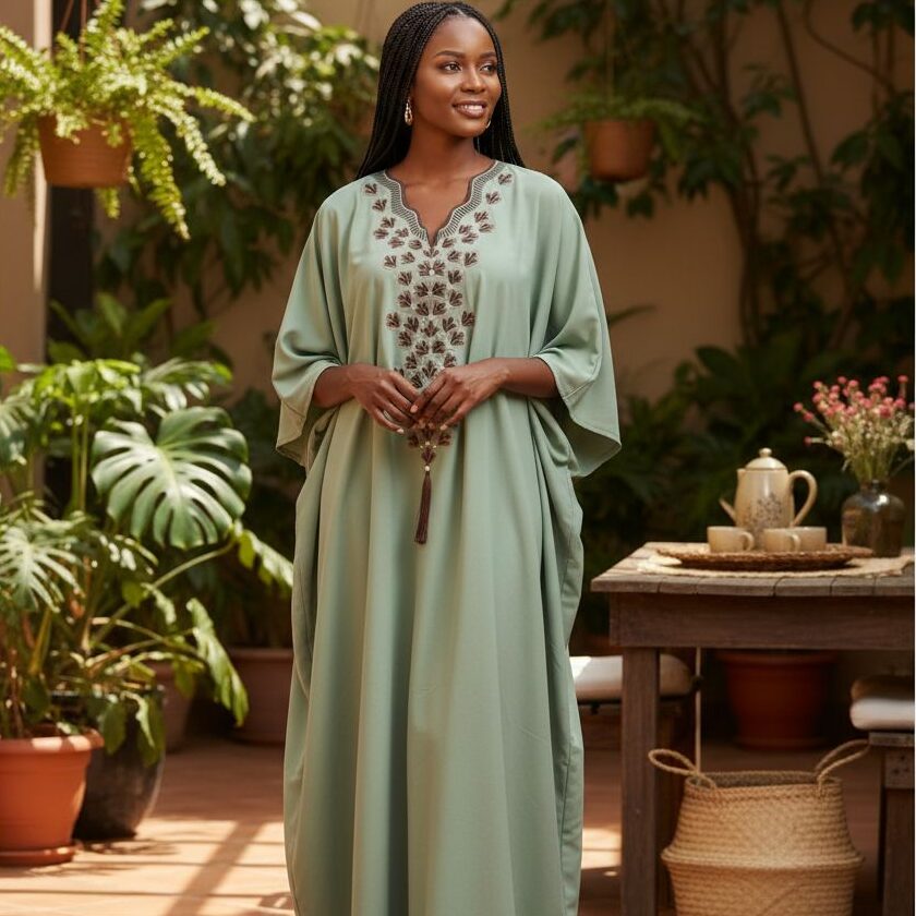 Robe Boubou Coton Artisanal Vert Sauge - Style Éthnique Été