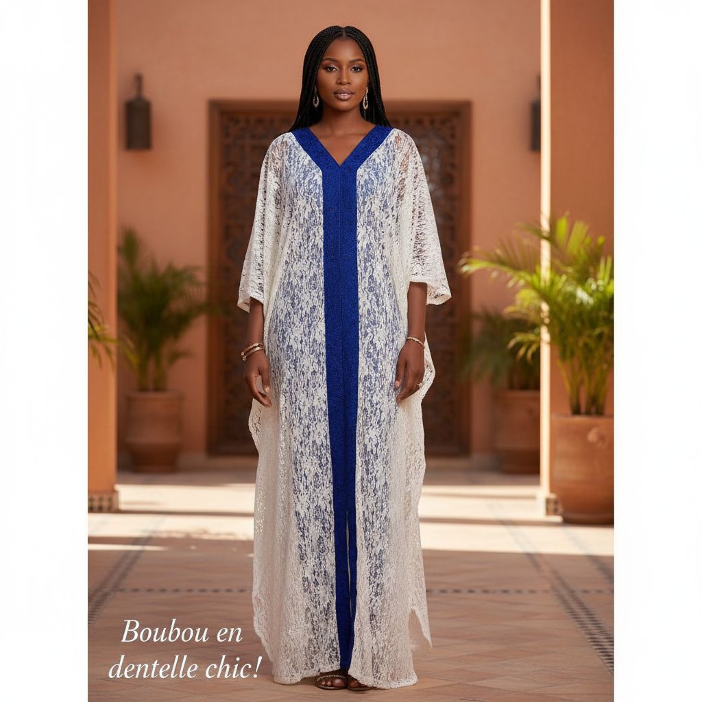 Boubou en dentelle chic bleu et blanc, robe longue élégante soirée femme