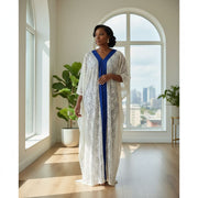 Boubou en dentelle chic bleu et blanc, robe longue élégante soirée femme