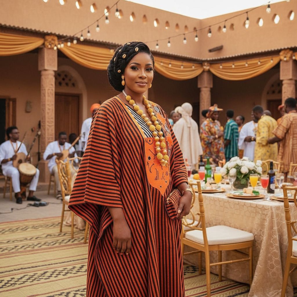 Robe boubou africain grande taille brodée orange et noir avec une coupe ample