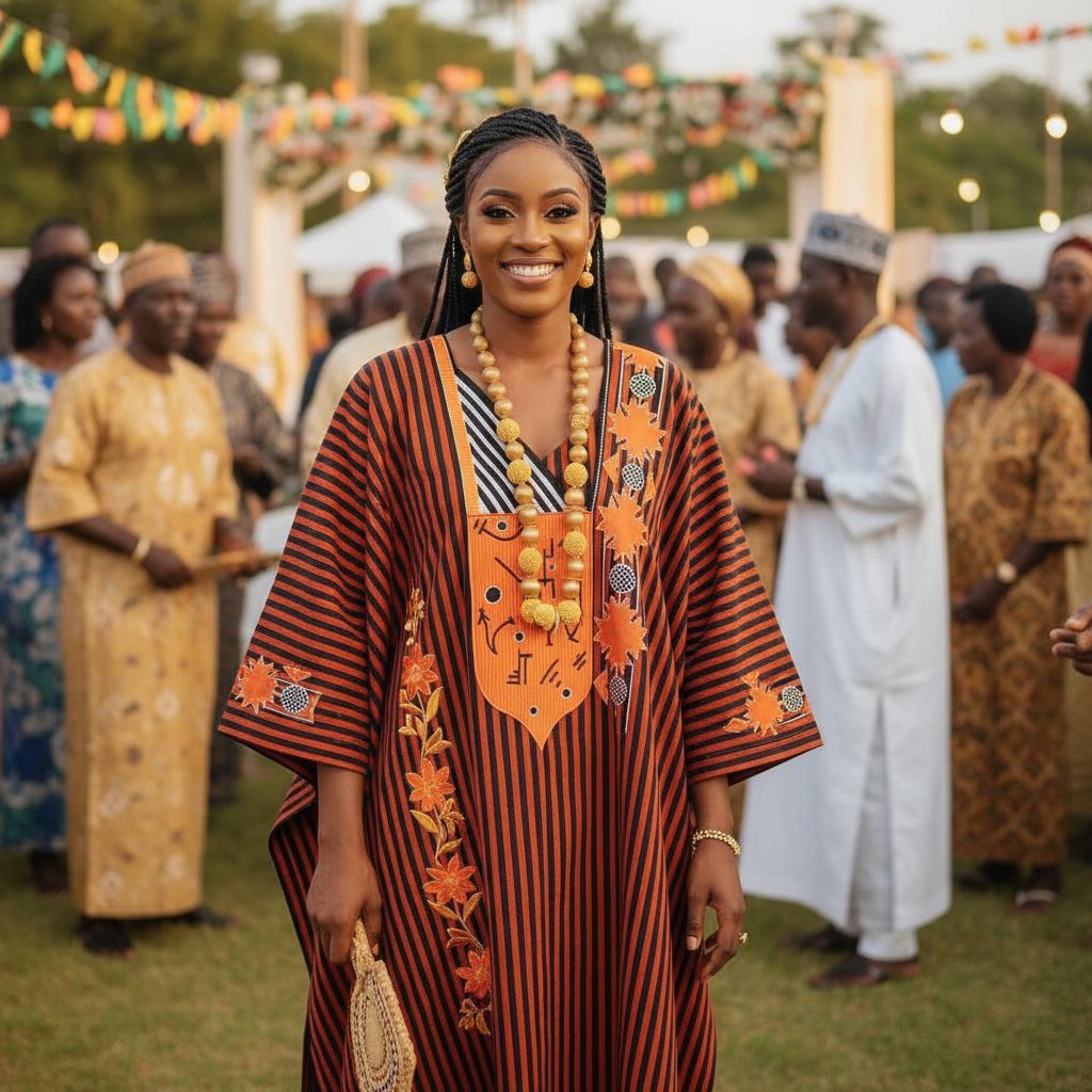 Robe boubou africain grande taille brodée orange et noir avec une coupe ample