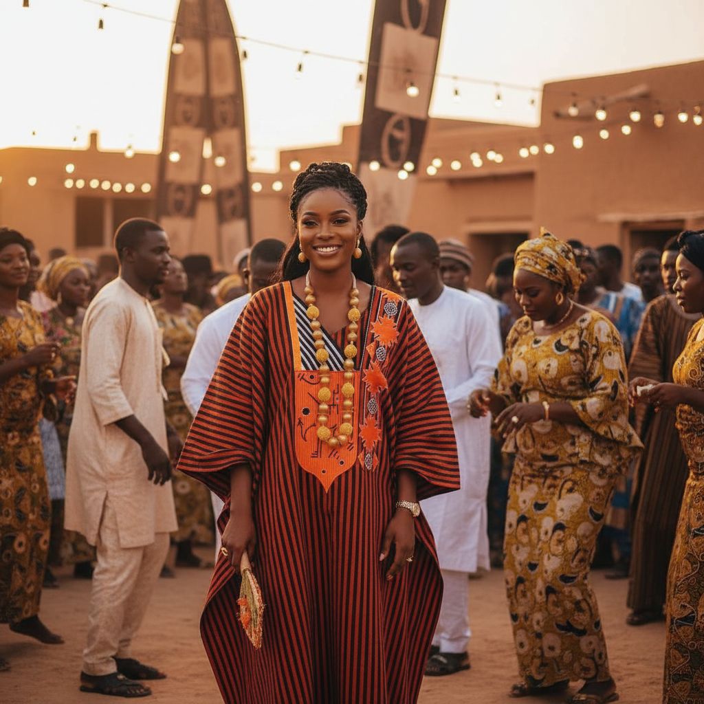 Robe boubou africain grande taille brodée orange et noir avec une coupe ample