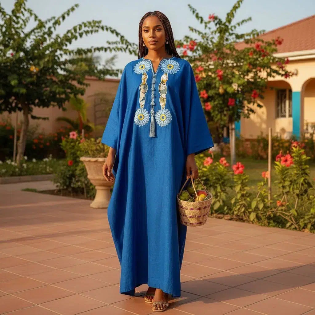 Boubou Femme Bleu Brodé Lin - Élégance Artisanale Sénégalaise
