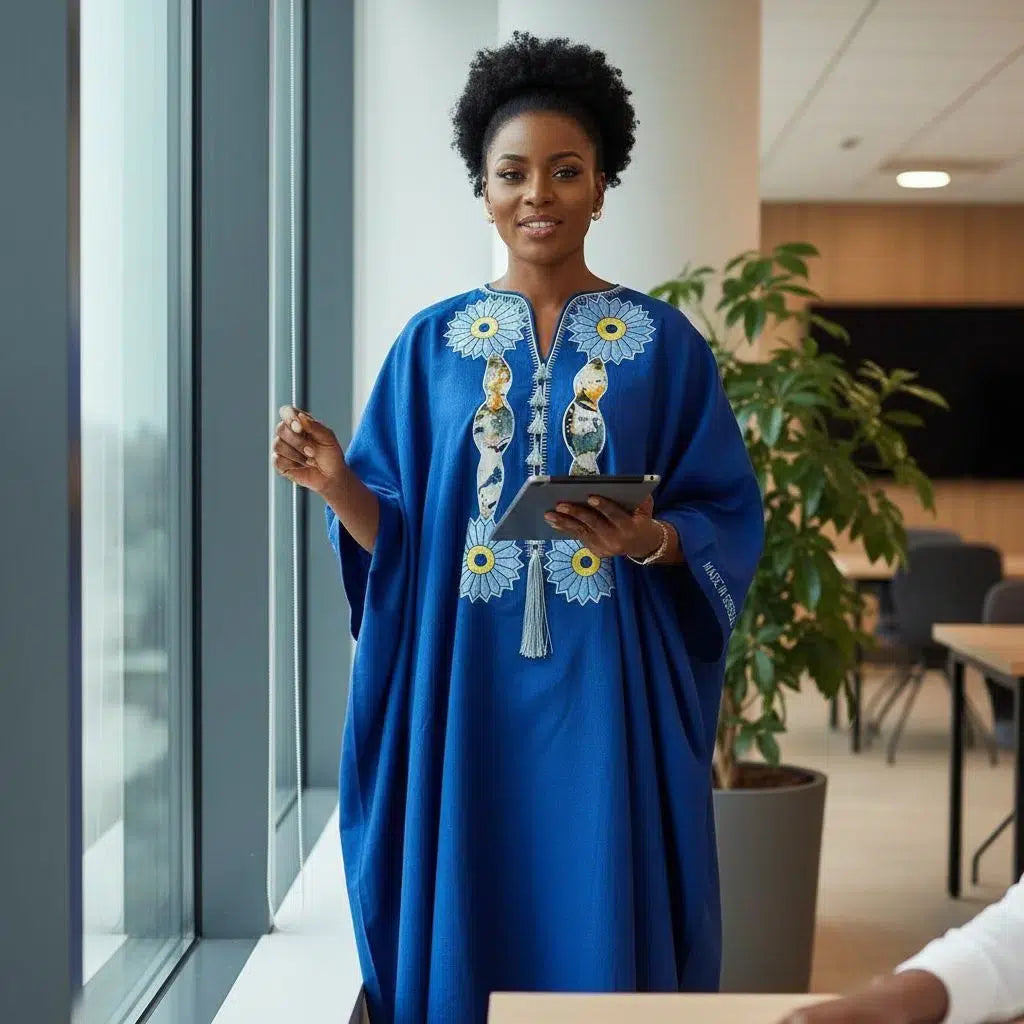 Boubou Femme Bleu Brodé Lin - Élégance Artisanale Sénégalaise