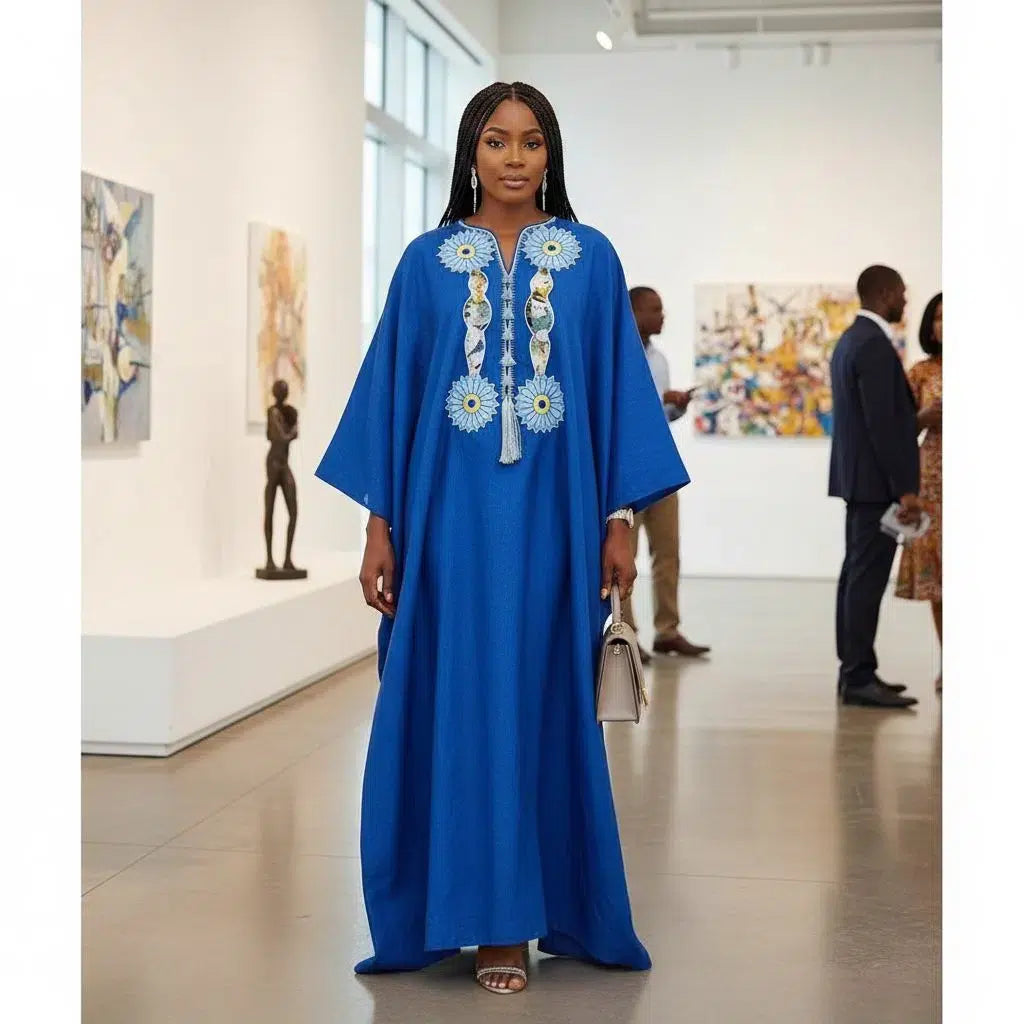 Boubou Femme Bleu Brodé Lin - Élégance Artisanale Sénégalaise