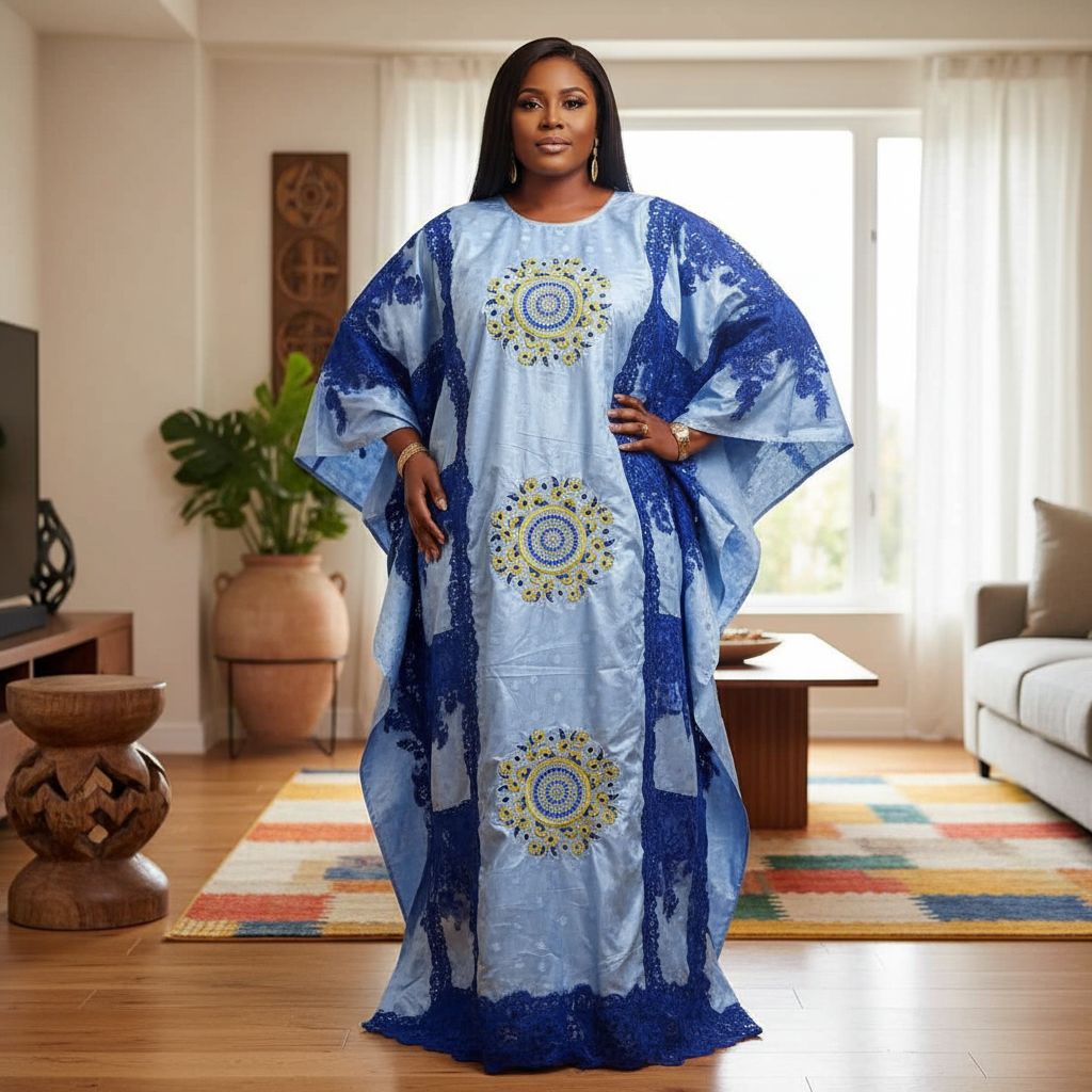 Boubou femme bleu Geztner et dentelle, robe ample cérémonie élégante