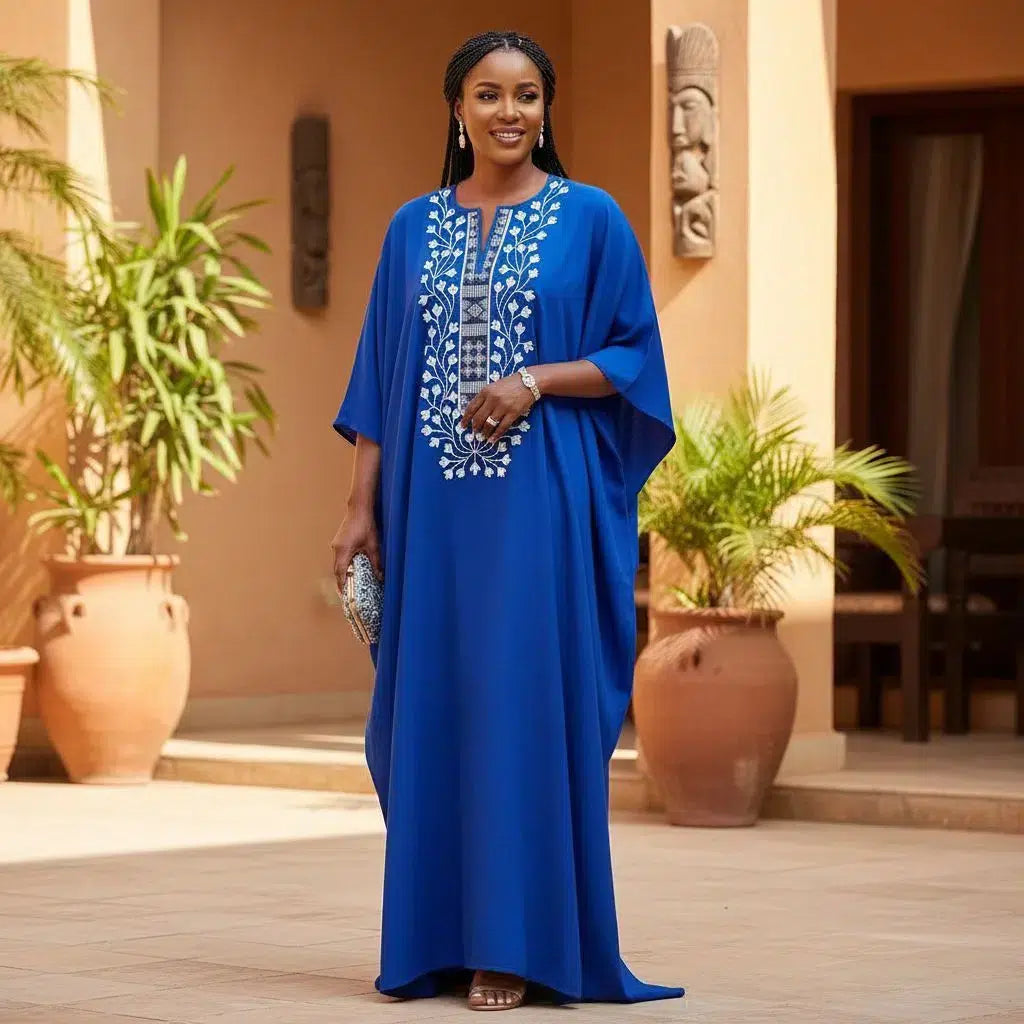 Boubou femme bleu brodé coton – Robe africaine cérémonie chic et ample