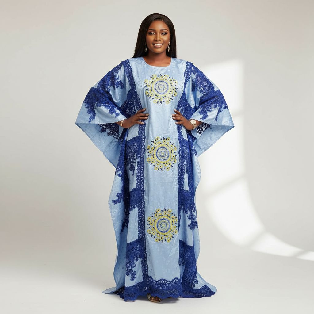 Boubou femme bleu Geztner et dentelle, robe ample cérémonie élégante