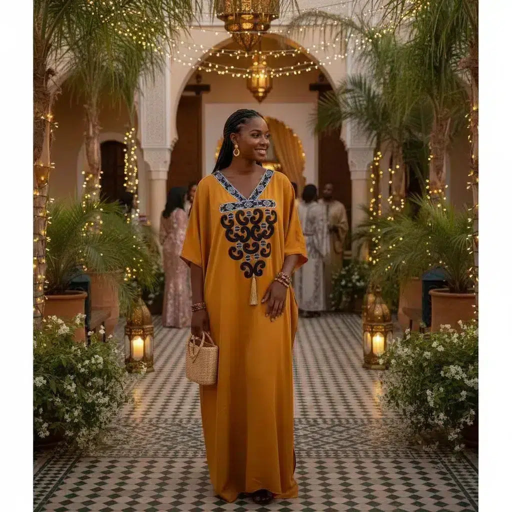 Boubou Femme Chic Doré - Élégance Artisanale en Pagne Brodé