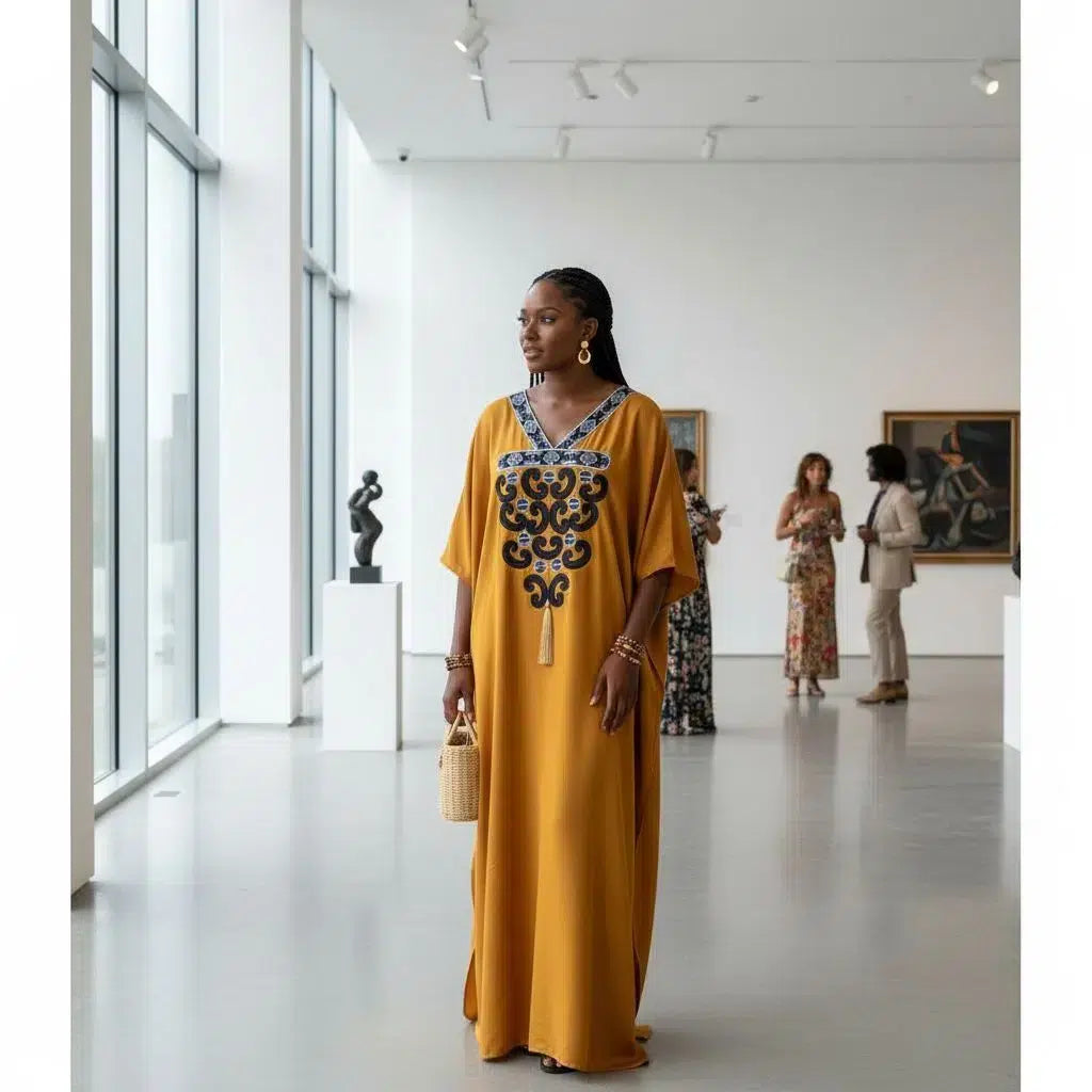 Boubou Femme Chic Doré - Élégance Artisanale en Pagne Brodé