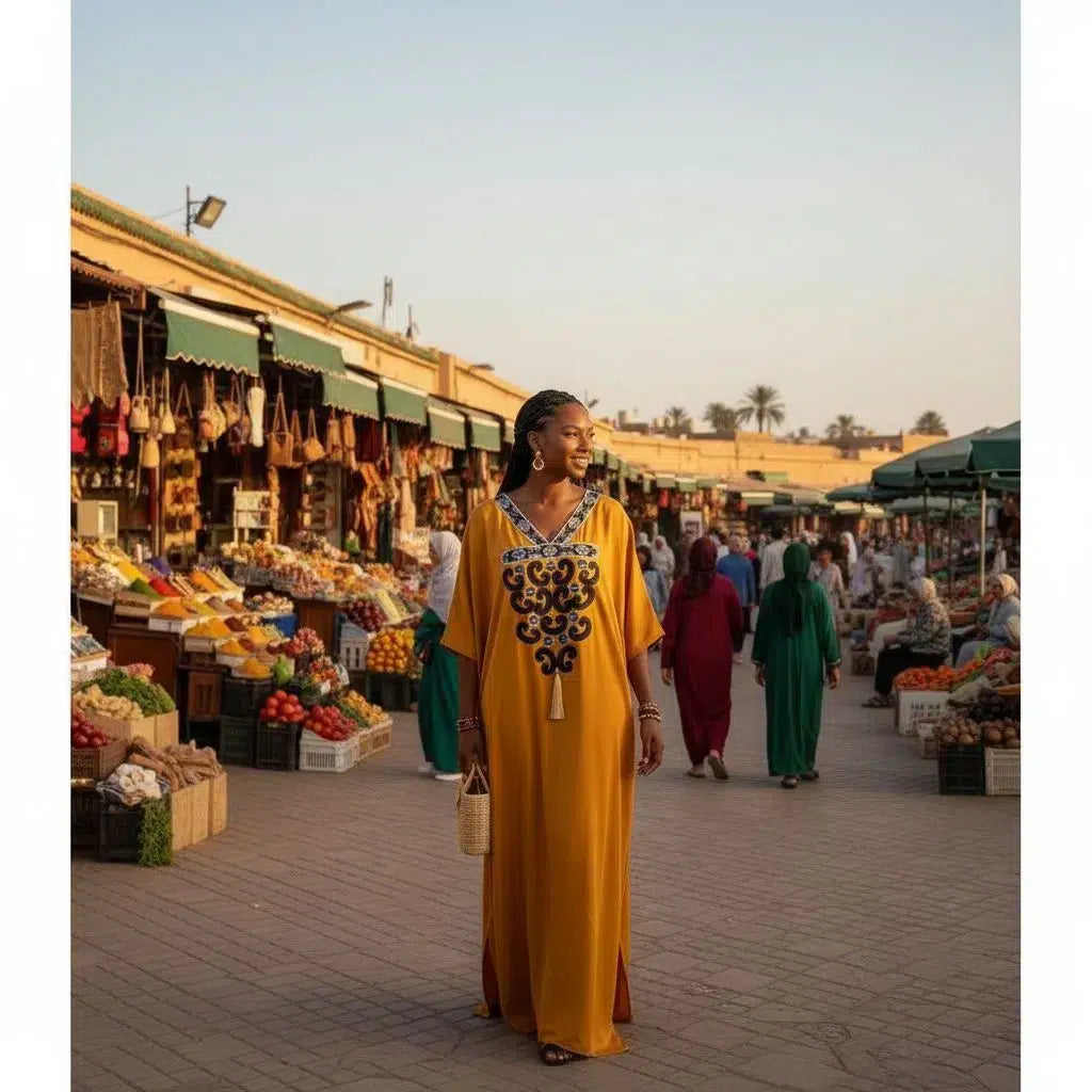 Boubou Femme Chic Doré - Élégance Artisanale en Pagne Brodé