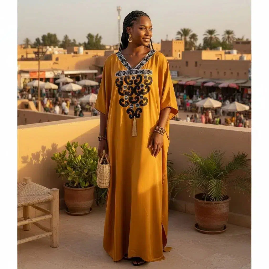 Boubou Femme Chic Doré - Élégance Artisanale en Pagne Brodé