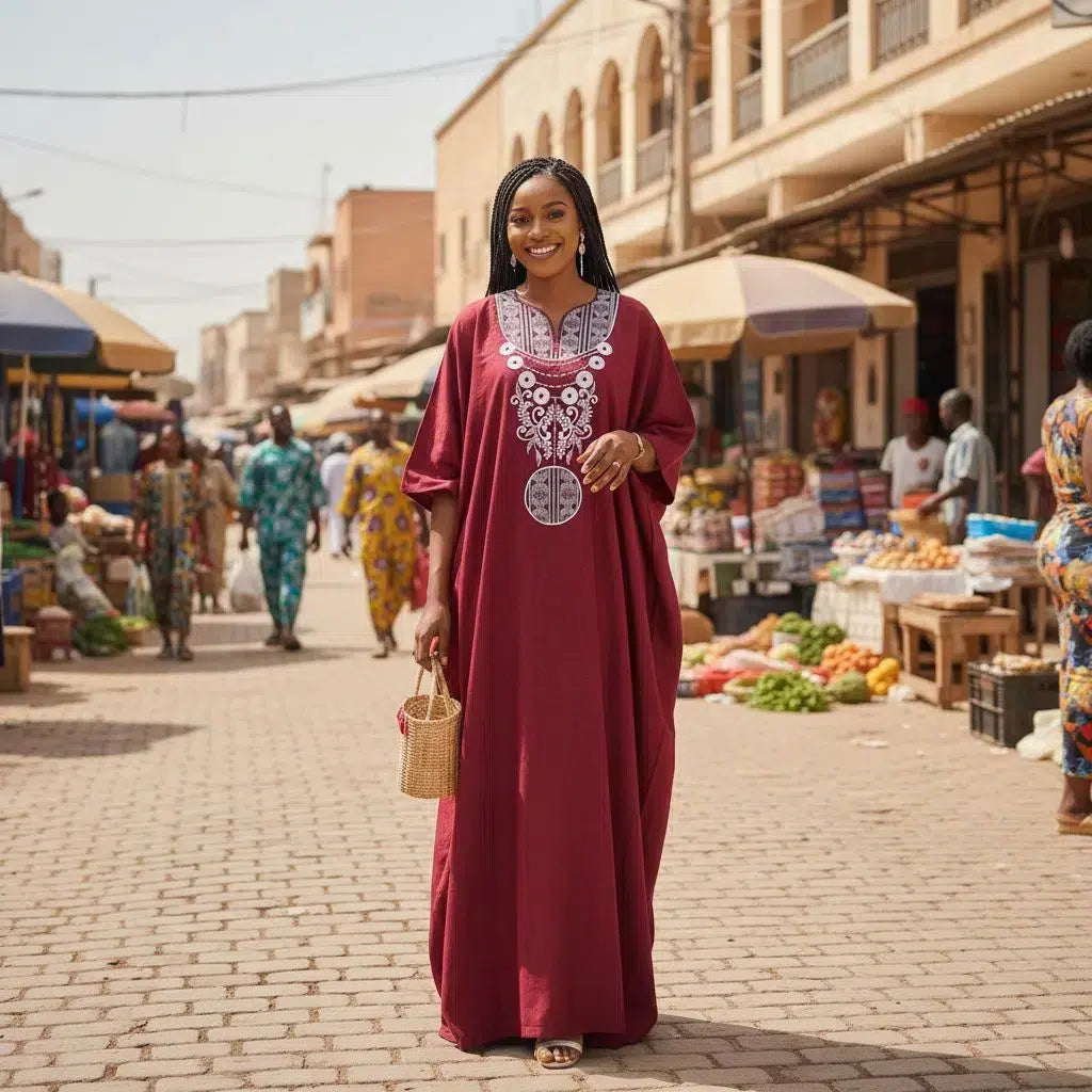 Boubou femme coton bordeaux brodé – Robe sénégalaise chic cérémonie