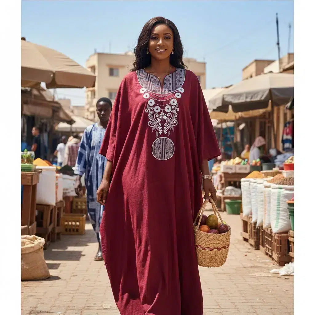Boubou femme coton bordeaux brodé – Robe sénégalaise chic cérémonie
